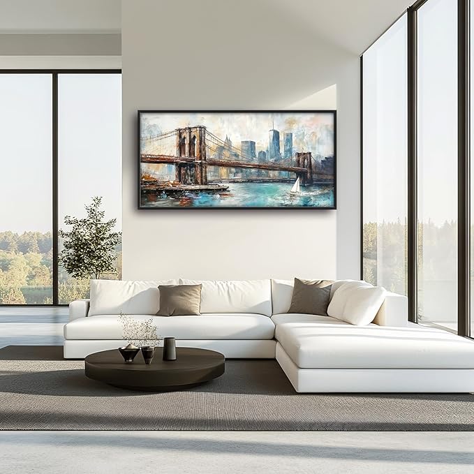 Extra Large Framed Brooklyn Bridge Wall Art,New York City Wall Decor,Abstract Skyline Cityscape Pictures for Living Room,Canvas Print Painting Modern Artwork Bedroom Office Bathroom 60L x30W-PurrikoPets