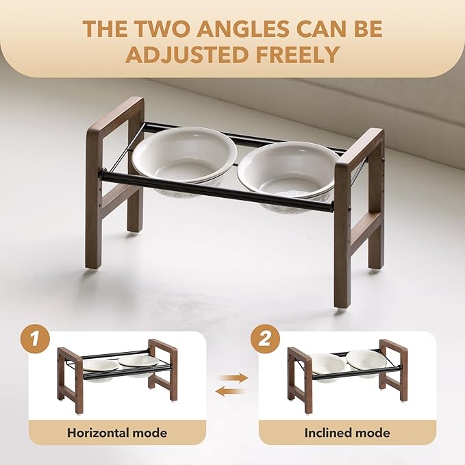 6.3inch Ceramic Adjustable Raised Double Bowls Set with Stand, 3 Heights Elevated, 2 Placement Options,Food and Water Bowls for Adult Cat Small and Medium Dog(Reactived Glaze -White)-PurrikoPets