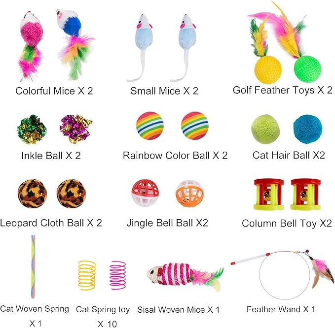 32Pcs Cat Toys Kitten Interactive Pet Toys Assortments, Foldable Rainbow Tunnel, Teaser Wand Fluffy Mouse Crinkle Balls Bell Play for Puppy Kitty (3 way)-PurrikoPets