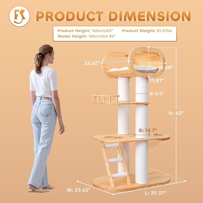 63.6'' Modern Cat Tree Indoor, Solid Wood Cat Tree with Scratching Post for Multi-Cat Families, Tall Cat Tower with Auxiliary Stairs, Huge Condo for Large Cats-PurrikoPets