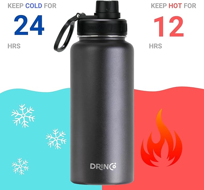 DRINCO Stainless Steel Water Bottle Spout Lid Vacuum Insulated Double Wall Water Bottle Wide Mouth (40oz 32oz 22oz 18oz 14oz) Leak Proof Keep Cold Sport Camping Hiking (32 oz, 32oz Black)-PurrikoPets