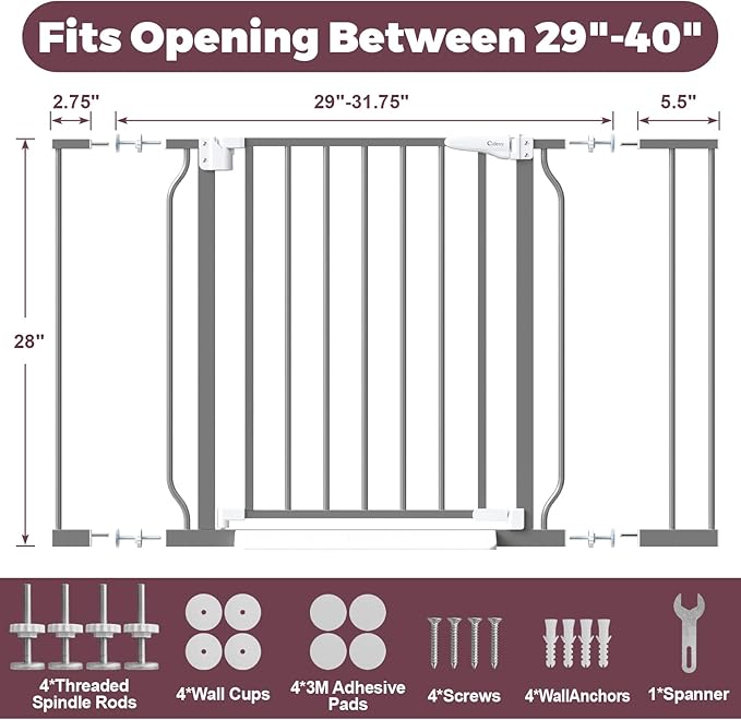 29"-40" Baby Gate for Stairs, Auto Close Stroller Friendly Dog Gate Indoor for Doorways, Pressure Mounted Baby Gate, Easy Walk Through Gate for Children & Pets, Grey-PurrikoPets