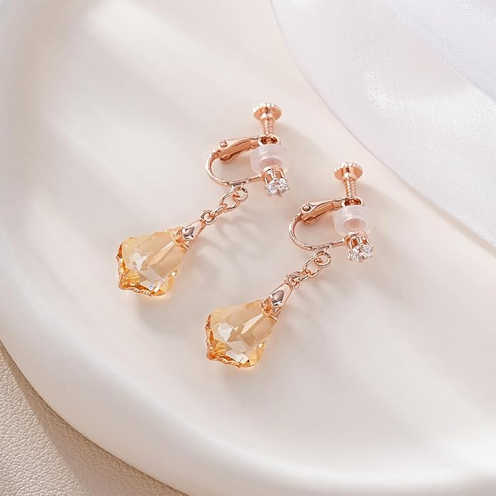 Austrian Crystal Baroque Drop Clip On Dangle Earrings for Women Non Pierced 14K Rose Gold Plated Hypoallergenic Jewelry
