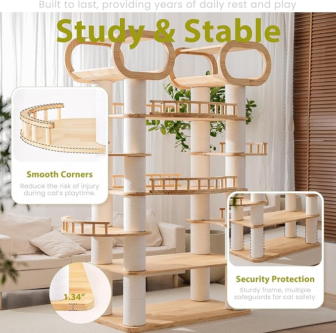 76.8'' Modern Cat Tree, Tall Cat Tower for Indoor Cats, Pine Wood Climb Tower with 2 Removable Mats, Heavy Duty Cat Furniture with Fully Wrapped Scratching Post, Huge Cat Condo for Multi-Cat Families-PurrikoPets