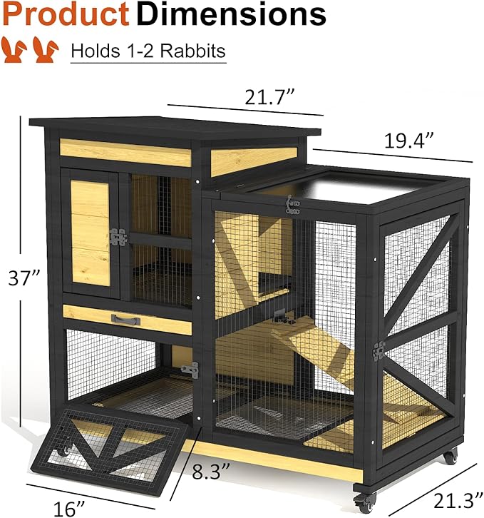 40'' Rabbit Cage Bunny Cage Indoor, Outdoor Rabbit Hutch for Small Animals, 2-Story Wooden Guinea Pig Cages with Wheels & 2 Deeper No Leak Trays, Waterproof Openable Roof & Bottom Wire Mesh-PurrikoPets