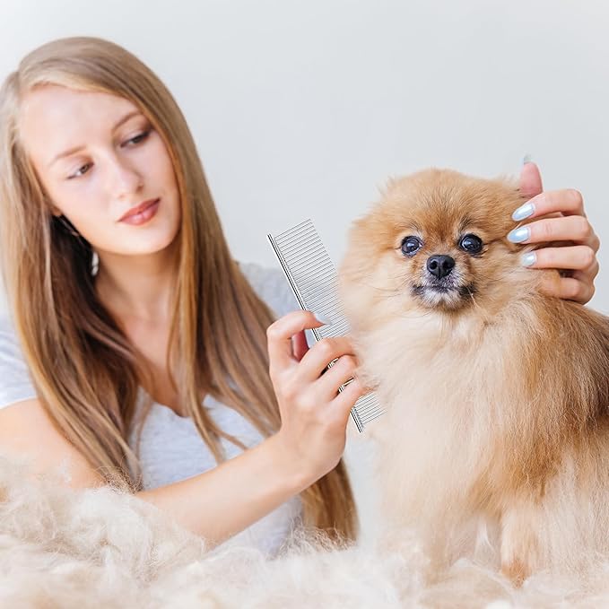 2Pcs Stainless Steel Dog Comb, Round Tooth Cat Comb with 2 Tooth Widths, Metal Combs for Removing Knots and Tangles, Grooming Tool for Long and Short Hair Pets, 7.5 IN Silver-PurrikoPets