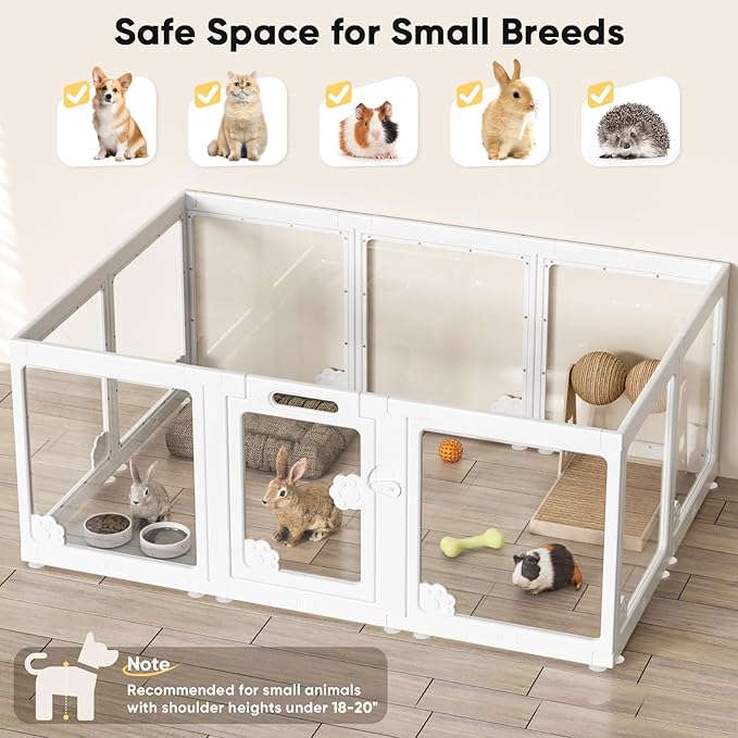 Acrylic Clear Dog Play Pen Indoors, Puppy Playpen with Door for Small Dogs Puppies, Transparent Plastic Pet Playpen Cage Fence Crate Kennel for Cat Kitten Rabbit Bunny Ferret etc (White-10 Panels)-PurrikoPets