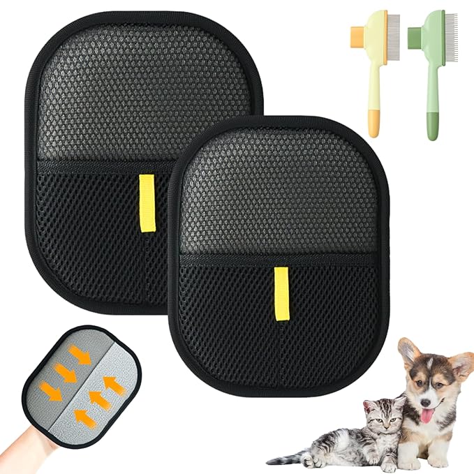 Electrostatic Pet Hair Removal Glove and Cat Dog Flea Comb, Portable Pet Massage and Cleaning Set for Deshedding, Cat Dog Hair Removal on Clothes, Furniture, Car Seats, and Carpets (4PCS)-PurrikoPets