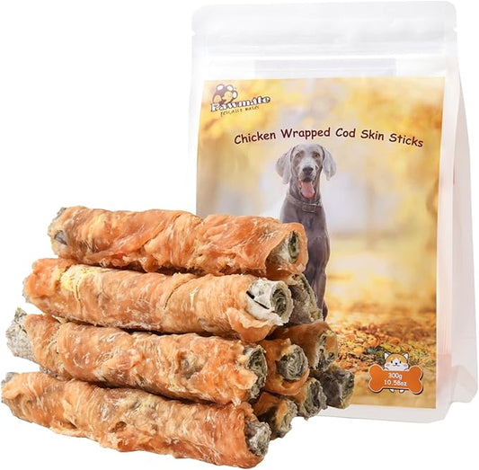 Dog Treats Chicken Wrapped Cod Fish Skin Sticks, Healthy High Protein Omega3 Cod Twist Dog Chews Real Chicken Wrap Teeth Cleaning for Large Medium Small Breeds, 10.6 oz-PurrikoPets