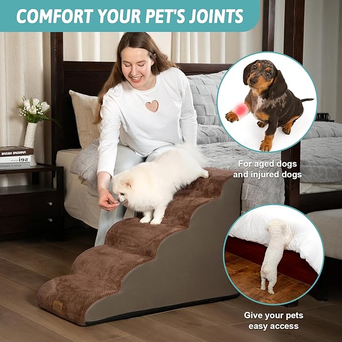 Dog Stairs for High Bed 22.6" H, Small Dog Step for Puppy, Older or Cat, Curved Ramp for Car, Ladder with High Density Foam, Lightweight, Durable, 15.7x33x22.6 inch, 5 Step, Brown-PurrikoPets