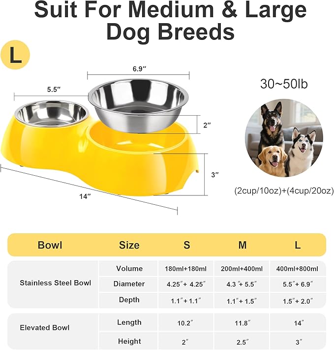 Elevated Dog Bowls Set - Non-Slip Raised Pet Feeder with Medium (2 Cups) & Large (4 Cups) Stainless Steel Bowls - Includes Durable Resin Stand for Puppies, Adult Dogs & Cats - Yellow-PurrikoPets