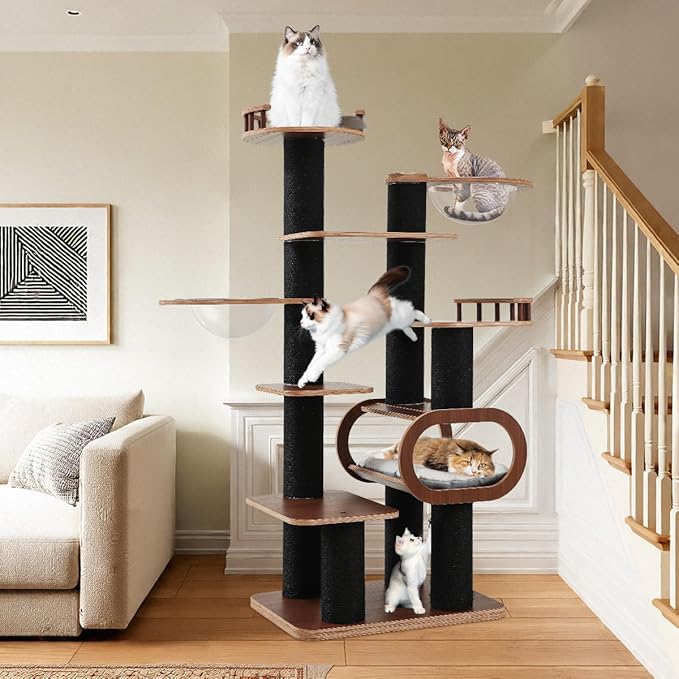 70.9'' Black Cat Tree for Indoor Cats Large Adult, Heavy Duty Cat Tower with Scratching Post, Modern Kitty Tree with Removable Mats, Semi-closed Condo and Transparent Bowl, Wooden Luxury Cat Furniture-PurrikoPets