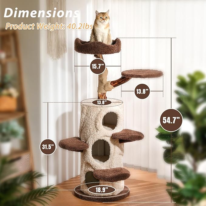 54.7'' Modern Cat Tree for Indoor Cats Large Adult, Wood Cat Tree with 3 Spacious Condos, Luxury Cat Tower with Cozy Perch, Scratching Post, Sturdy Kitty House Furniture for Small Medium Large Cats-PurrikoPets