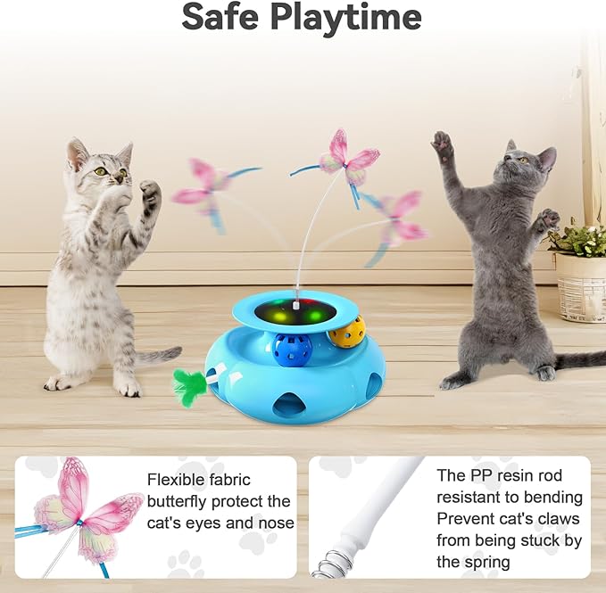 3in1 Interactive Cat Toys for Indoor Cats Rechargeable,Whack a Mole Cat Toy, Fluttering Butterfly, Track Balls, Automatic Kitten Toys Touch Activated, 2 Refill Feather-PurrikoPets