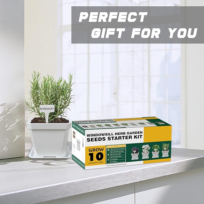 10 Herb Seeds Garden Starter Grow Kit with White Pots, Markers, Nutritional Soil, Watering, Herb Clipper, Complete Indoor Potted Plant Growing Set for Kitchen DIY-PurrikoPets