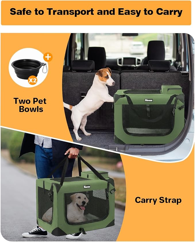 Extra Large Dog Crate with 2 Foldable Bowl, 36 Inch Collapsible Travel Dog Crate Kennel with Soft Blanket for Medium Dogs,Indoor & Outdoor (36" L x 25" W x 25" H, Green)-PurrikoPets