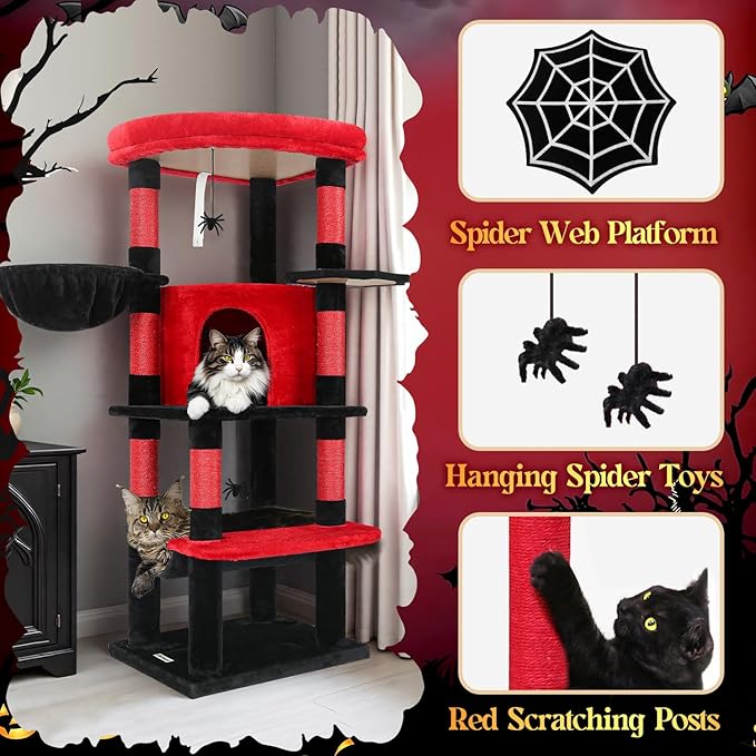Globlazer Gothic Corner Cat Tree Tower with Scratching Post for Indoor Cats, 51inch Goth Cat Condo Tower with Large Hammock, Fan-Shaped Padded Perch, Spacious Cat Cave, Hanging Basket, C51, Red Black-PurrikoPets