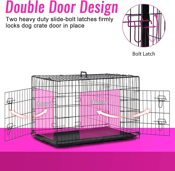 FDW Dog Crate for Large Dogs 48 Inch Folding Metal WirePet Cage Double Door W/Divider Panel Indoor Outdoor Kennel Leak-Proof Plastic Tray,Black-PurrikoPets