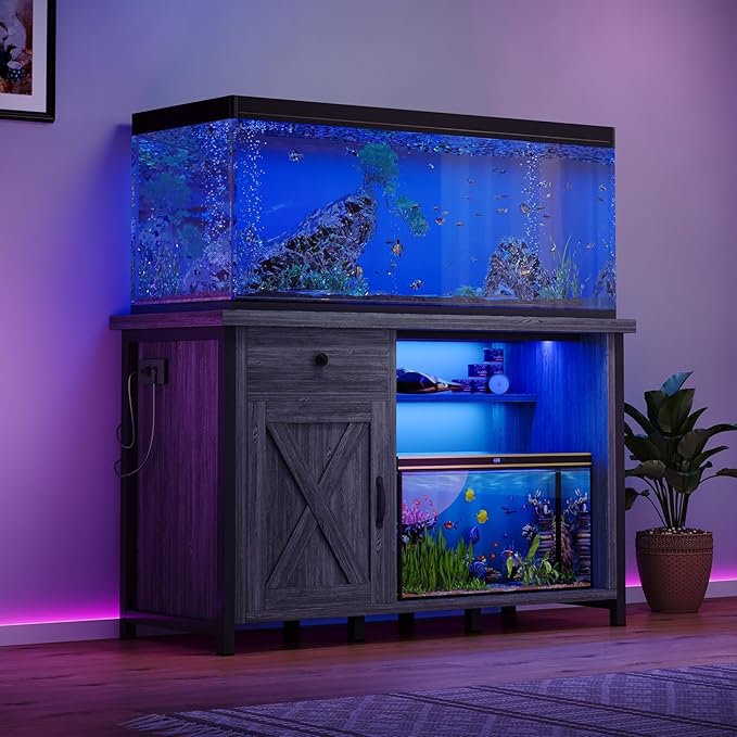 4ever2buy 55 Gallon Fish Tank Stand with LED Light & Power Outlets, 55-75 Gallon Aquarium Stand with Drawer & Barn Door, Cabinet for Fish Tank Accessories Storage for Reptile Tank, Turtle Tank, Gray-PurrikoPets