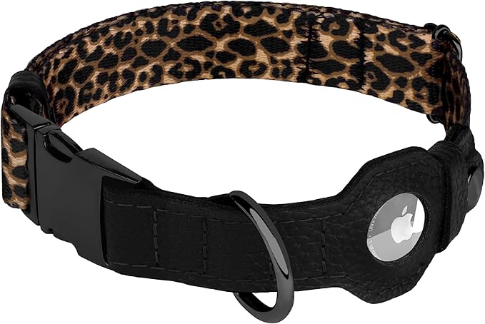 AirTag Dog Collar for Small Medium Large Breed - Adjustable Cute Pattern Dog Collar with Airtag Holder - Soft Leather Tracker GPS Apple Air Tag Pet Collars (Large, 17"-21" Neck Fit, Leopard)-PurrikoPets