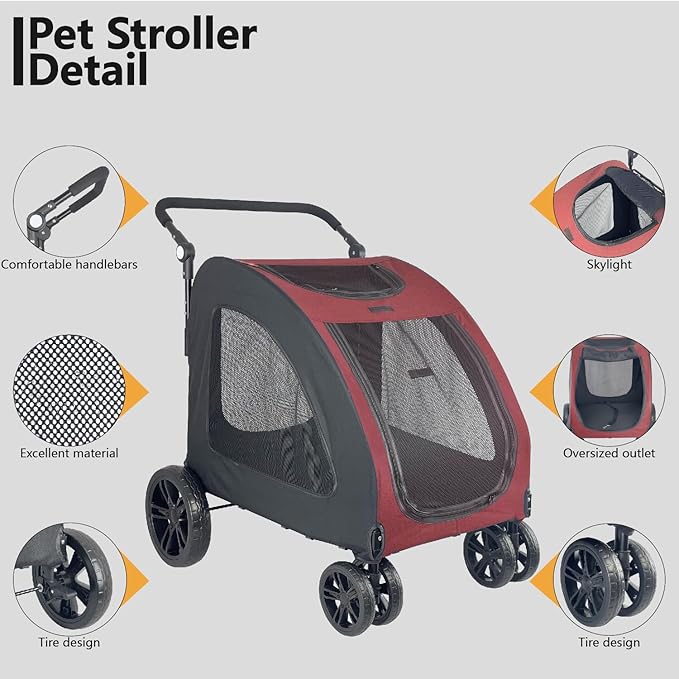 Extra Large Dog Stroller for Medium & Large Pets - Foldable Design, Adjustable Handle, Up to 130 lbs(Red)-PurrikoPets