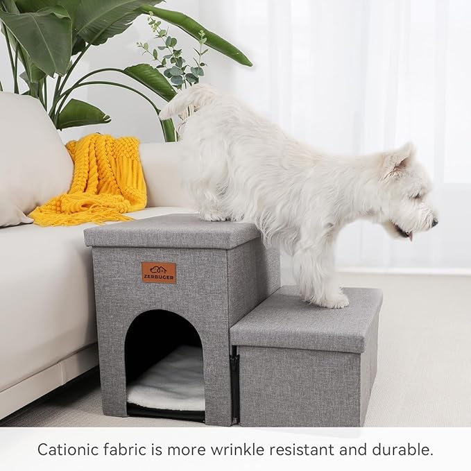 Dog Stairs 15" H, 2-Step Wider Dog Steps for Small/Medium/Large Old Dogs Cats, Folding Sturdy Storage Pet Stairs Climbing Bed Couch, Dog Ramp for Car Hold Up to 150 lbs(Gray, with Condo)-PurrikoPets