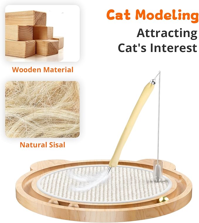 3-in-1 Cat Toys, Scratcher, Toys for Indoor Cats, Natural Sisal Scratching Board, Kitten Interactive with Ball Track & Retractable Wand Toy & Feather-PurrikoPets