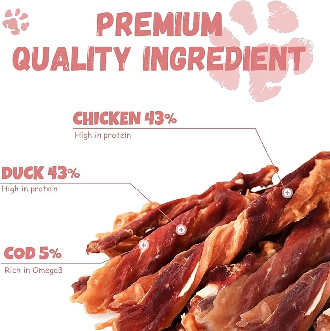 Dog Jerky Treats Triple Flavor Chicken Duck Wrapped Cod Twisted Sticks 5'', Rawhide Free Grain Free Dog Training Snacks Chews for Small Medium Large Dogs, 10.6 oz-PurrikoPets