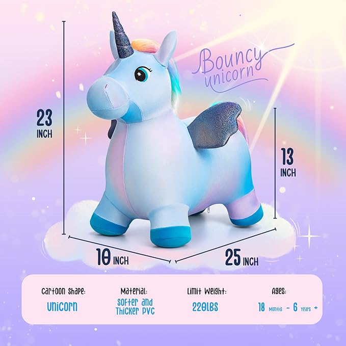 EVERICH TOY Unicorn Bouncy Horses Inflatable Plush Hopping Toy Bouncing Hopper Animals for Toddlers,Outdoor&Indoor Bouncy Animals for Toddlers,Gift for 18 Months 2 3 4 Year Old (W/Pump)-PurrikoPets