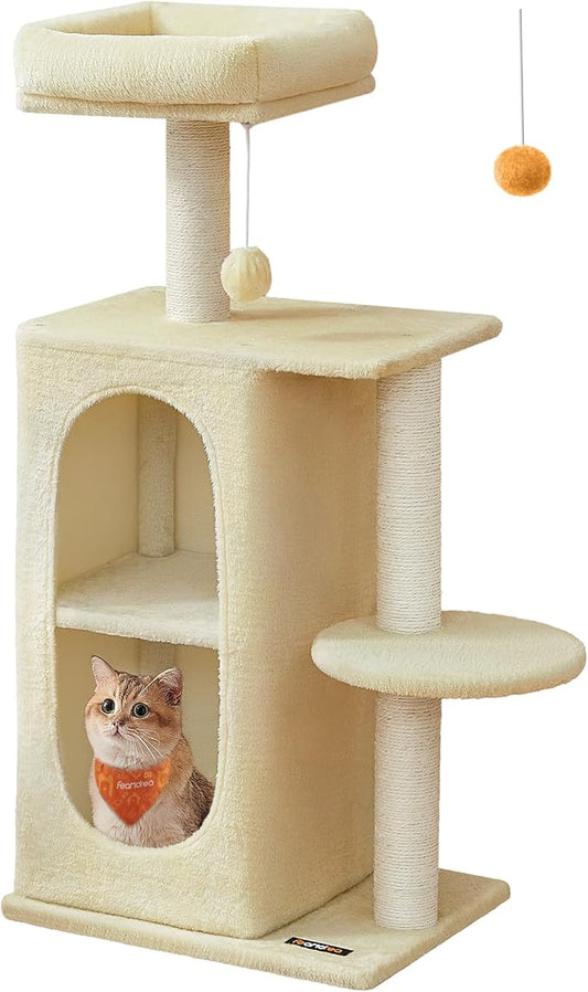Feandrea Cat Tree Tower with 2 Caves for Multi-Cat Households, Kittens, Scratching Posts, Sand Beige UPCT005Y01-PurrikoPets