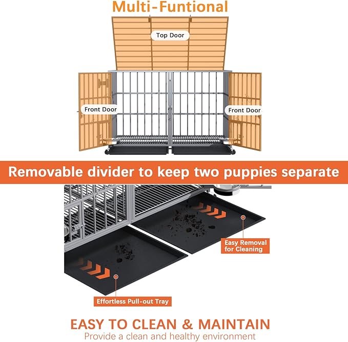 aboxoo 42/48 inch Heavy Duty Metal Dog Crate for 2 Dogs/Large Dog,All Metal Open Top,Dog Kennel Indoor with Wheels,Floor Grid, Tray, Divider and Feeding Bowl (Sliver)-PurrikoPets