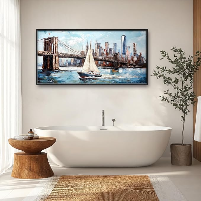 Extra Large Sailboat Framed Wall Art for Living Room,Oversized New York Brooklyn Bridge Pictures Wall Decor,Cityscape Canvas Print Painting Modern Artwork Bedroom Office Bathroom 60L" x 30W"-PurrikoPets