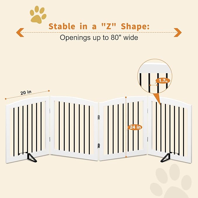 Freestanding Pet Gate for Dogs, Foldable Wooden Dog Gate for House, Indoor Dog Gate for Stair, Doorway, Gates for Dogs Indoor, 80 Inch Wide, 4 Panels 24",White-PurrikoPets