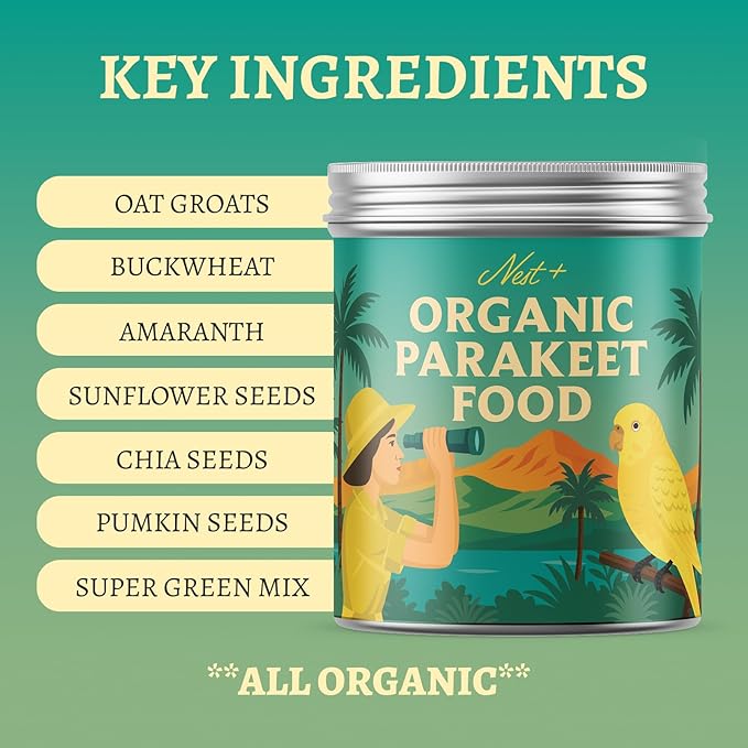 100% Organic Parakeet Food – Premium Bird Seed Mix with Oat Groats, Buckwheat, Amaranth, Super Veggies & Seeds – Reusable Tin + Stainless-Steel Scooper – Made in USA, Human Grade Ingredients (1lb)-PurrikoPets