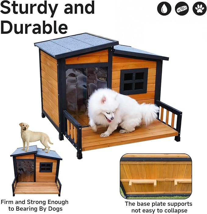 GARWOOD Large Outdoor Indoor Wooden Dog House for Small Large Dog Kennel Wood Sturdy Pet Puppy Warm Home with Durable Weatherproof Asphalt Roof Insulated Elevated Floor Outside Shelter Brown 39x37x30“-PurrikoPets