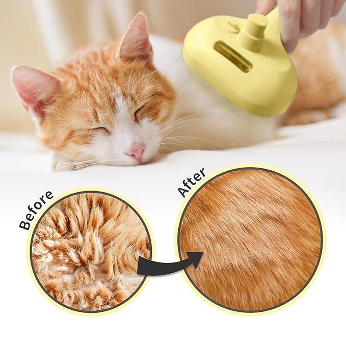 3 In 1 Steamy Brush with Release Button and Tank, Anti-Static Pet Brush for Long and Short Hair Pets to Remove Tangles and Loose Fur (Yellow)-PurrikoPets