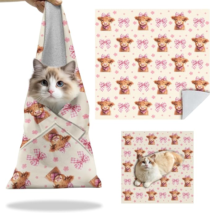 27.6" Cat Grooming Wrap, Self Adhesive Cat Wrap for Cutting Nails, Anti-Escape Calming Cat Swaddle Wrap for Medicine Ear Cleaning, Cow Anti-Scratch Cats Burrito Restraint Blanket, Practical Pet Tool-PurrikoPets