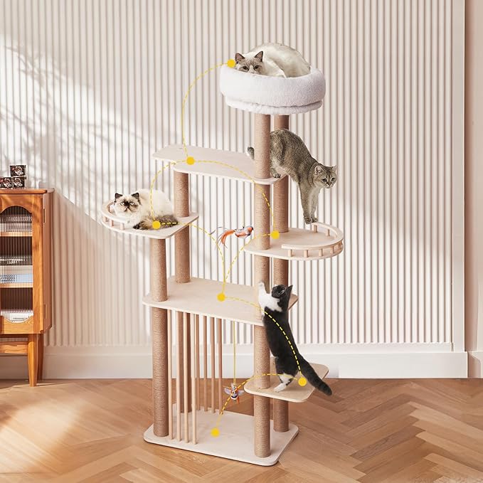 68" Large Cat Tree, Solid Wood Multi-Level Cat Tower with Scratching Posts, Fun Toys, and Washable Plush Platform for Indoor Cats-PurrikoPets