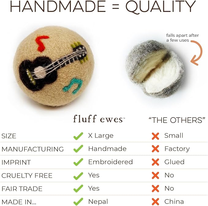 Fluff Ewes Wool Dryer Balls 6 Pack Premium New Zealand Wool Laundry Balls for Dryer, No Static Dryer Balls Laundry Reusable, XL Wool Dryer Balls Cute, Baby Dryer Balls for Dryers - are We There Yet-PurrikoPets