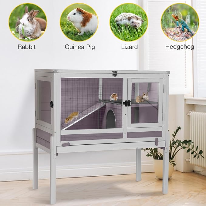 Aivituvin Wooden Guinea Pig Cages Indoor with Removable Stand, Anti Chewing Rabbit Hutch with Ramp and Wire Mesh, 2 Story Small Animals House Habitat with Pull Out Tray (Gray&Purple)-PurrikoPets