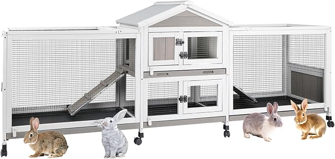 2-Tier Rabbit Hutch with Wheels, Indoor & Outdoor Small Animal Cage with Deep Pull-Out Tray, Anti-Chew Frame, Habitat for Bunny, Guinea Pig, Chinchilla (93" L x 19" W x 35" H)-PurrikoPets