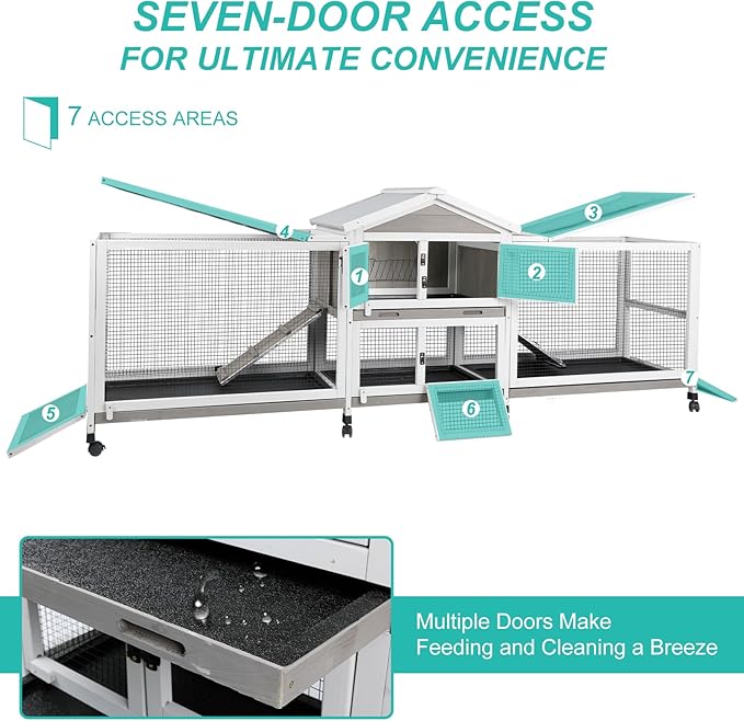 2-Tier Rabbit Hutch with Wheels, Indoor & Outdoor Small Animal Cage with Deep Pull-Out Tray, Anti-Chew Frame, Habitat for Bunny, Guinea Pig, Chinchilla (93" L x 19" W x 35" H)-PurrikoPets