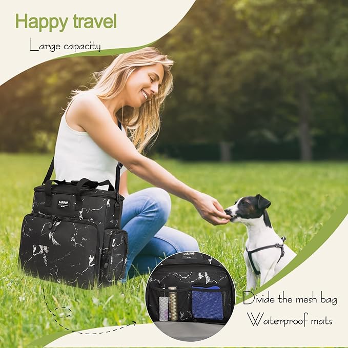 Dog Travel Bag,Weekend Pet Travel bag Set for Dog and Cat,Airline Approved Tote Multi-Function Dog Bags for Traveling,Include 2 Collapsible Bowls,2 Food Storage Containers,1 Feeding Mat,Marble-PurrikoPets