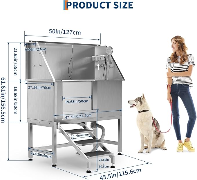 50" Stainless Steel Professional Dog Washing Station - Pet Bathing Tub w/Non-Slip Stairs | Slip-Resistant Floor Grate | for Large/Medium/Small Dogs-PurrikoPets