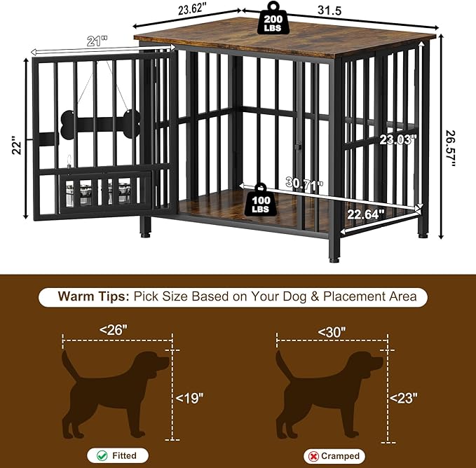Easycom 31" Dog Crate Furniture Foldable, No Assembly Decorative Dog Kennel Indoor, Dog Crates for Small Dogs (20-40 lbs), Wooden Dog Cage with Adjustable Bowls and Name Tag, End Table, Rustic Brown-PurrikoPets