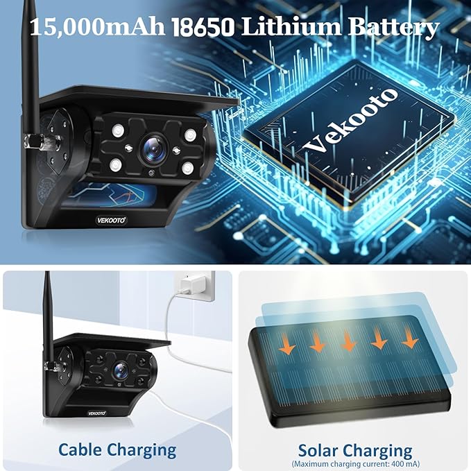 2 Magnetic Solar Wireless Backup Camera with 7'' IPS Touchscreen, 15,000mAh Rechargeable, Auto Sleep, No Wiring, 1080P Night Vision Wireless Backup Camera for Trucks, RV, Trailer, Camper VEKOOTO VK7-2-PurrikoPets