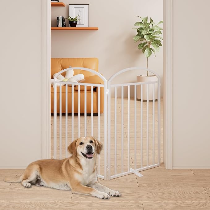 2 Panles Full Matel Freestanding Dog Gates with Door, 48"Extra Wide 36"Tall Free Standing Dog Pet Gate for Indoor & Outdoor. Foldable Pet Fences for Doorways, House, Stairs, Porch, Deck, Yard-PurrikoPets