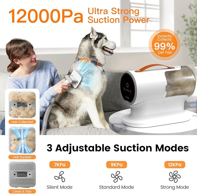 AIRROBO Dog Grooming Vacuum, Dog Grooming Kit,12000Pa Strong Pet Vacuum, 2L Large Capacity Vacuum for Shedding Grooming Hair, Quiet,PG100-PurrikoPets