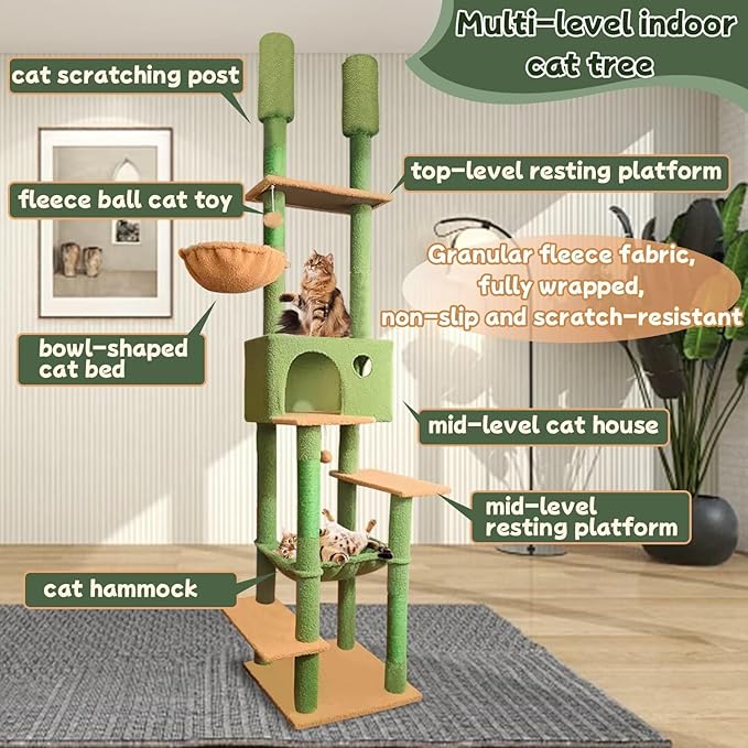 96.5"-108" Cat Tree Floor to Ceiling 7-Tier Cat Tower Adjustable Height with Scratching Posts, Cozy Hammock, Cat Condo for Indoor Cats(Green)-PurrikoPets