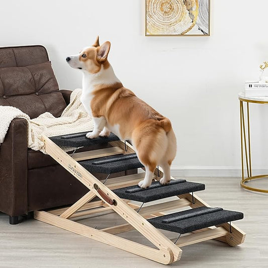 2025 Upgraded Dog Steps for Bed & Couch - 2-in-1 Dog Stairs/Ramp for Small to Large Breeds - 45.3" Long Adjustable 14"-26" Up to 200LBS - Folding Portable Wooden Pet Stairs for high Bed Couch Car-PurrikoPets